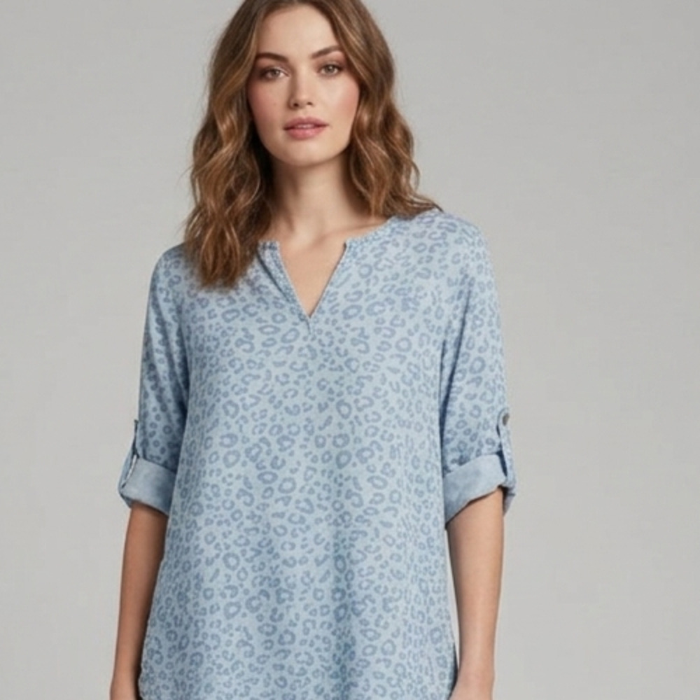 Philosophy Anthropologie Top Tencel Blue Cheetah Animal 3/4 Rolltab Sleeve XL